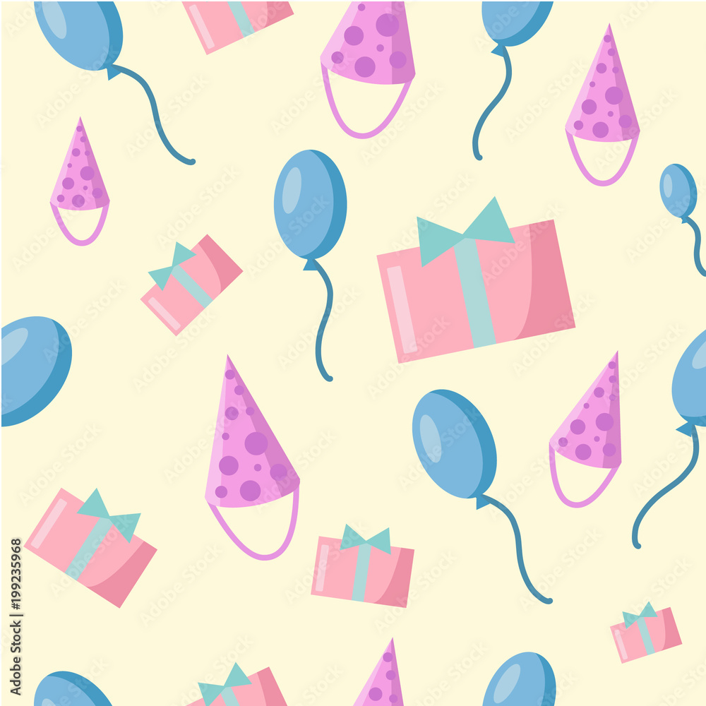Birthday seamless pattern with balloons, holiday hat, gift box, bright kids background - vector Birthday seamless pattern with balloons, holiday hat, gift box, bright kids background - vector