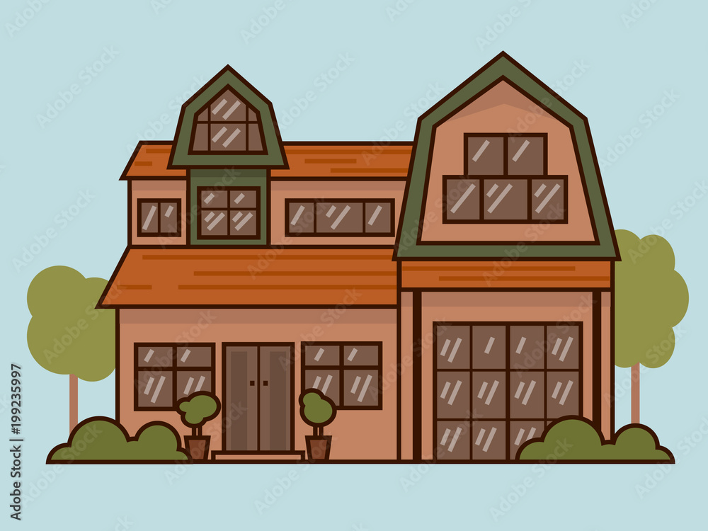 Flat wooden house in the vilage, cute countryside home, vector 