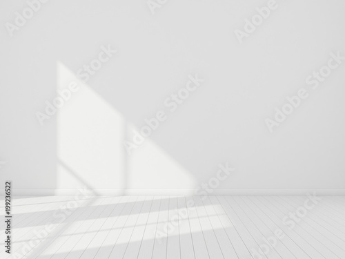 3D stimulate of white room interior and wood plank floor with sun light cast rhythm of shadow on the wall,Perspective of minimal design architecture