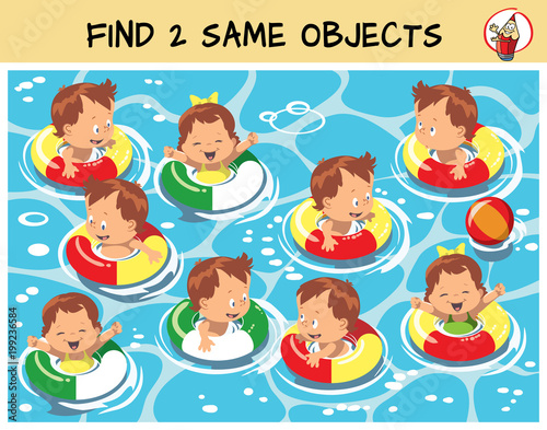 Find two the same swimming kids in the picture. Educational matching game for children. Cartoon vector illustration