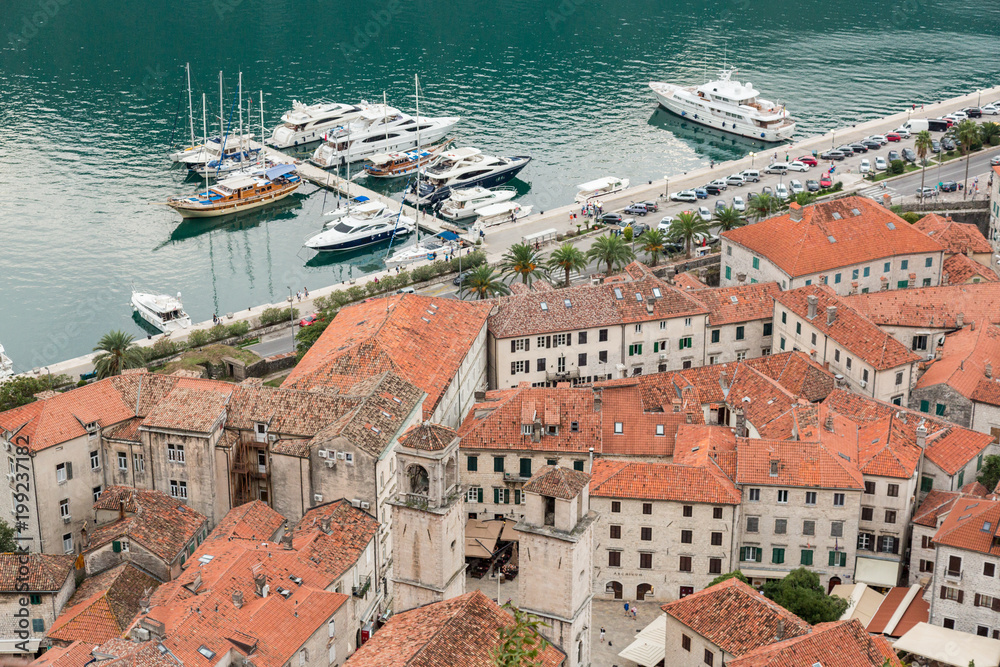 View of old town roofs in a Bay of Kotor from Lovcen mountain in Montenegro.