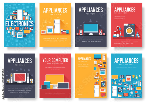 Home appliances cards set. Electronics template of flyear, magazines, posters, book cover, banners. Devices infographic concept background. Layout illustrations template pages with typography text