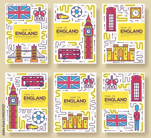 England vector brochure cards thin line set. Country travel template of flyear, magazines, posters, book cover, banners. Layout culture monument outline illustrations modern pages