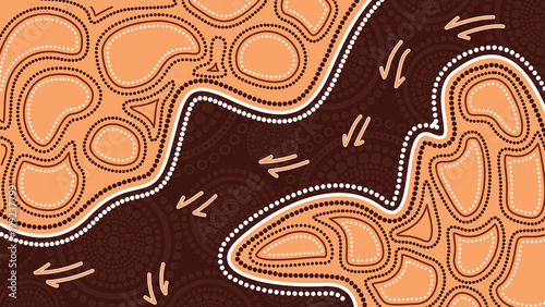 Aboriginal art vector painting with kangaroo track. Illustration based on aboriginal style of dot background.