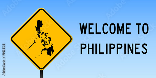 Philippines map on road sign. Wide poster with Philippines country map on yellow rhomb road sign. Vector illustration.