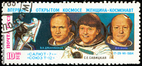 Ukraine - circa 2018: A postage stamp printed in Soviet Union show Cosmonauts Dzhanibekov, Savitskaya, Volk and inscription. For the first time in the open space, a woman-cosmonaut. Circa 1985