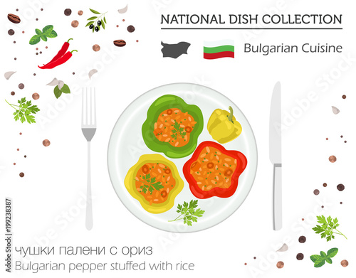 Bulgaria Cuisine. European national dish collection. Bulgarian pepper stuffed with rice isolated on white infographic