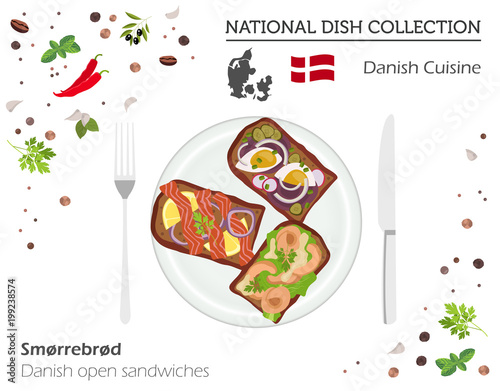 Denmark Cuisine. European national dish collection. Danish open sanwiches isolated on white, infographic