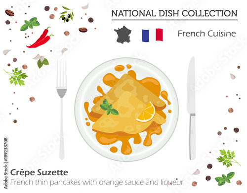 French Cuisine. European national dish collection. French thin pancakes with orange sauce and liquer isolated on white, infographic
