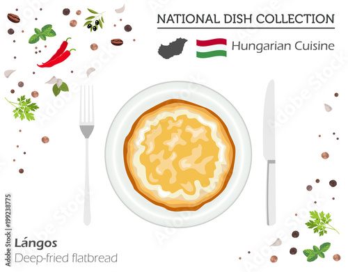 Hungarian Cuisine. European national dish collection. Deep-fried flatbread isolated on white, infographic
