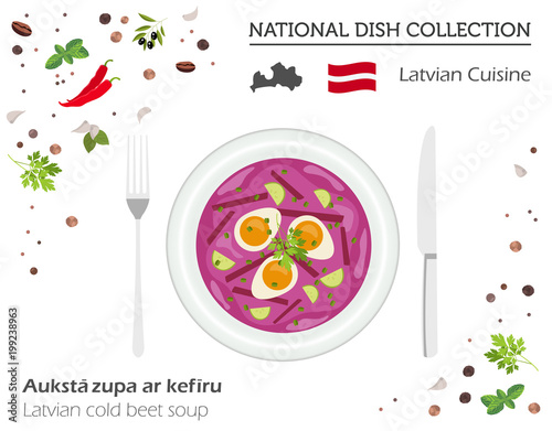 Latvia Cuisine. European national dish collection. Latvian cold beet soup isolated on white, infographic