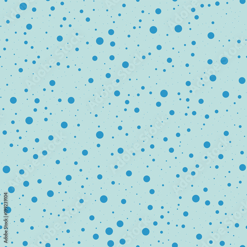 Blue polka dots seamless pattern on turquise background. Excellent classic blue polka dots textile pattern in restrained colours. Seamless scattered confetti fall chaotic decor. Vector illustration.