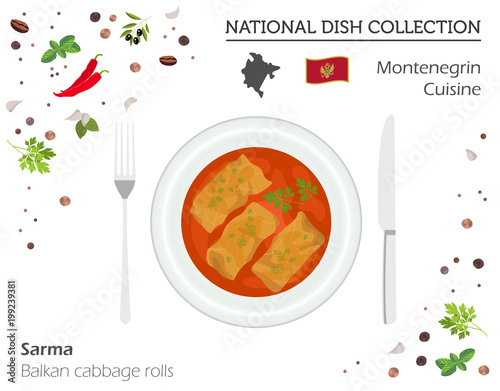 Montenegrin Cuisine. European national dish collection. Balkan cabbage rolls isolated on white, infographic