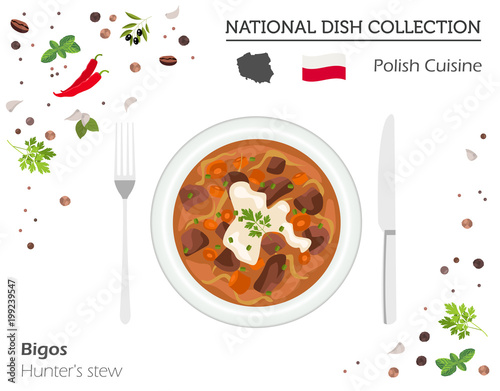 Polish Cuisine. European national dish collection. Hunter`s stew isolated on white, infographic