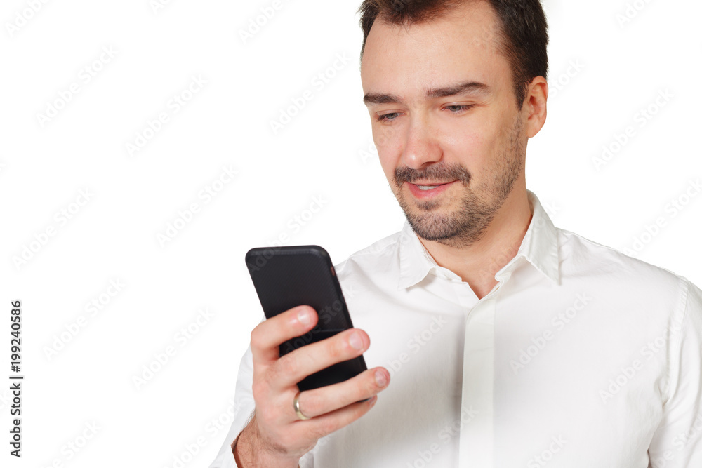 happy young man using mobile phone happy young man using mobile phone