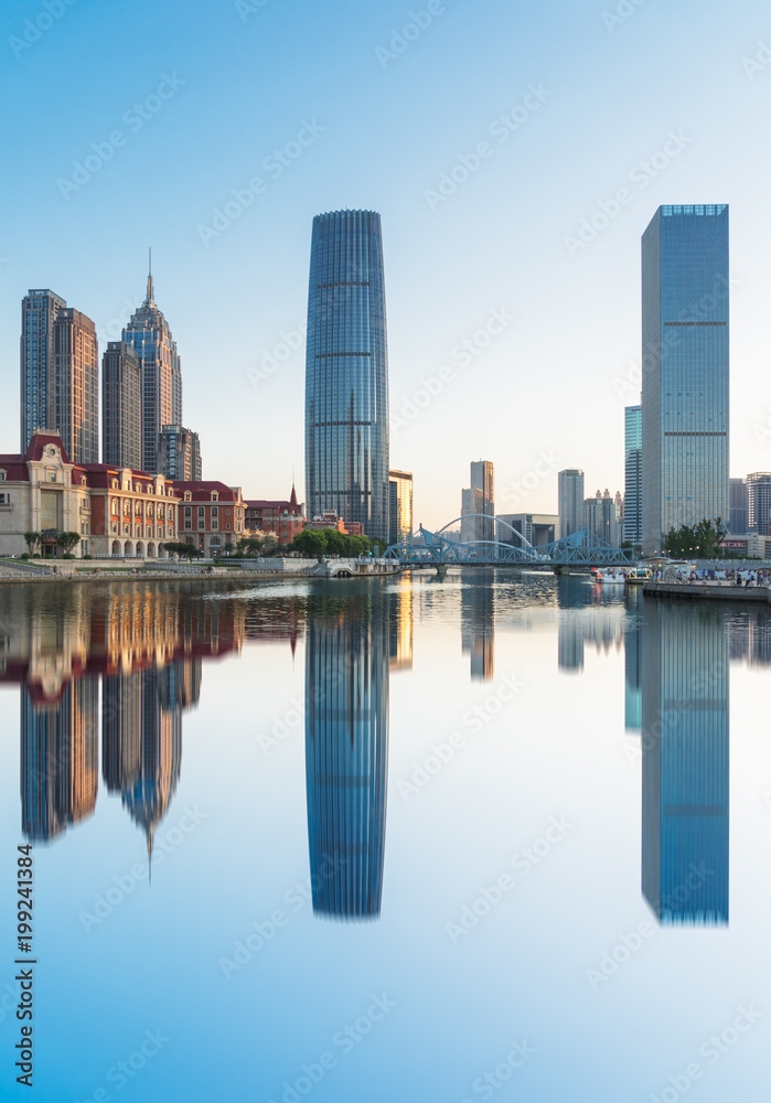 tianjin urban skyline reflection,china.