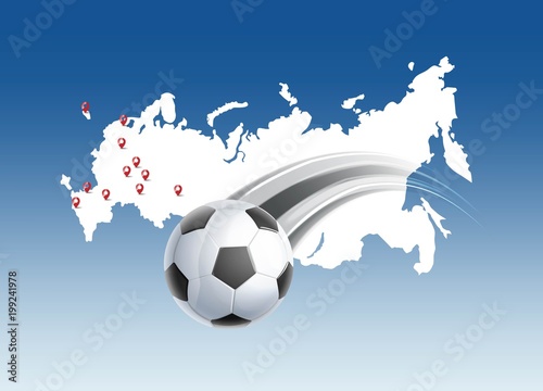 Vector illustration with flying soccer ball and contours of state boundaries of Russia on blue background.