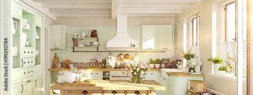 retro kitchen in a cottage with sun flares. 3D RENDERING © 2mmedia