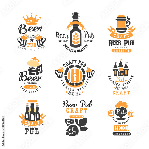 Vector set of creative emblems for beer pub, bar or brewing company. Alcoholic beverage. Stylish logo templates with bottles, hop, mugs and lettering