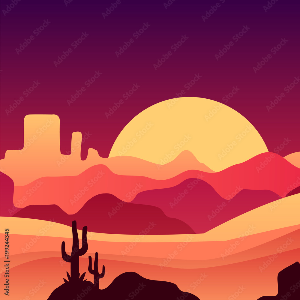 Mexican desert in gradient colors. Landscape with rocky mountains, cactus plants and sunset sky. Vector design for postcard, cover or book or notebook