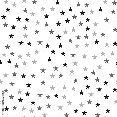 Black stars seamless pattern on white background. Beautiful endless random scattered black stars festive pattern. Modern creative chaotic decor. Vector abstract illustration.