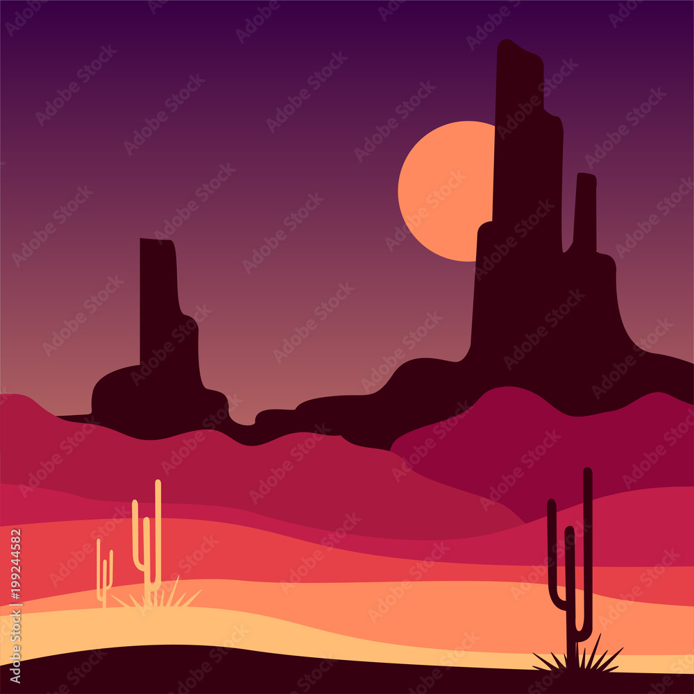 Fototapeta Landscape of wild western desert with rocky mountains and cactus plants. Mexican sandy scenery. Vector in gradient colors