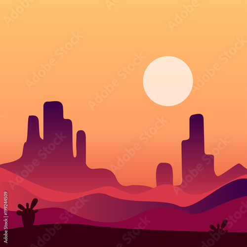 Evening desert landscape background. Natural scenery with rocky mountains and cactus plants. Vector design in gradient colors