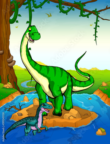 Diplodocus on the background of a waterfall.