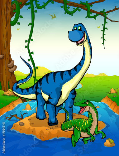 Diplodocus on the background of a waterfall.