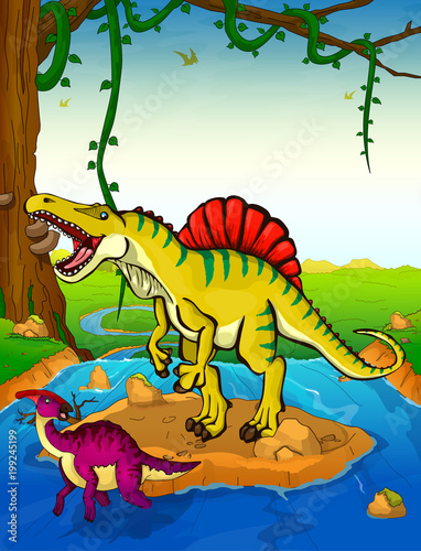 Spinosaurus on the background of a waterfall.