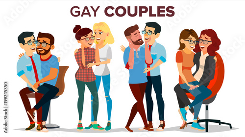 Gay, Lesbian Couple Set Vector. Hugging Men And Women. Same Sex Marriage. Romantic Homosexual Relationship. LGBT. LGBTQ. Isolated Flat Cartoon Character Illustration