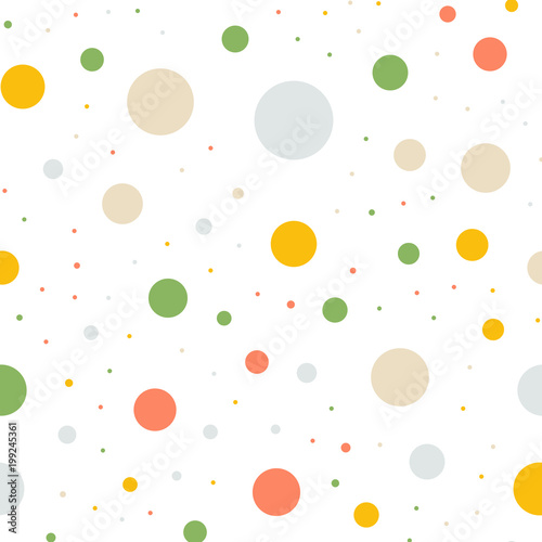 Colorful polka dots seamless pattern on white 5 background. Astonishing classic colorful polka dots textile pattern. Seamless scattered confetti fall chaotic decor. Abstract vector illustration.