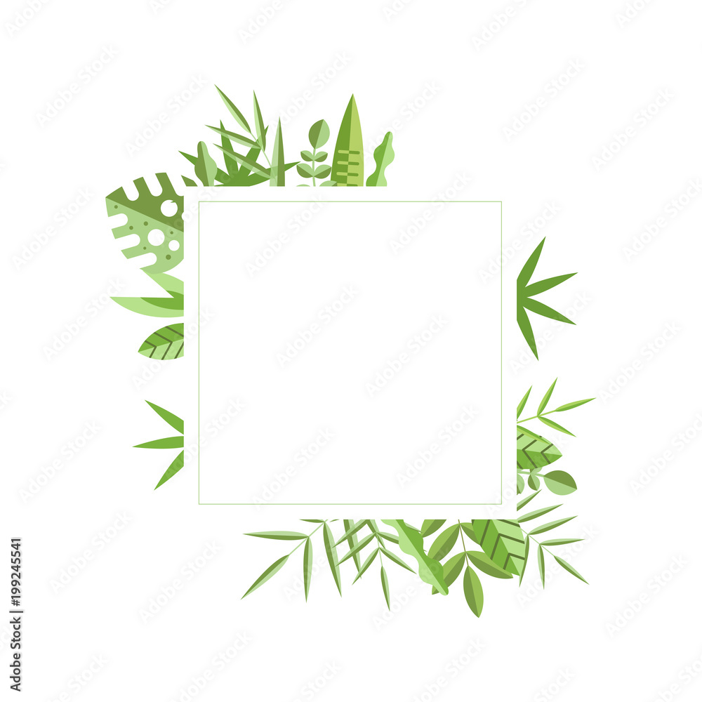 Square frame with green leaves on background. Natural border. Flat vector element for wedding invitation, save the date or mobile app