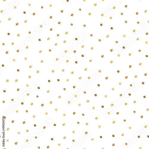 Golden dots seamless pattern on white background. Outstanding gradient golden dots endless random scattered confetti on white background. Confetti fall chaotic decor. Modern creative pattern.