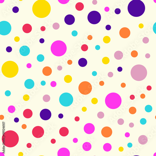 Memphis style polka dots seamless pattern on milk background. Adorable modern memphis polka dots creative pattern. Bright scattered confetti fall chaotic decor. Vector illustration.