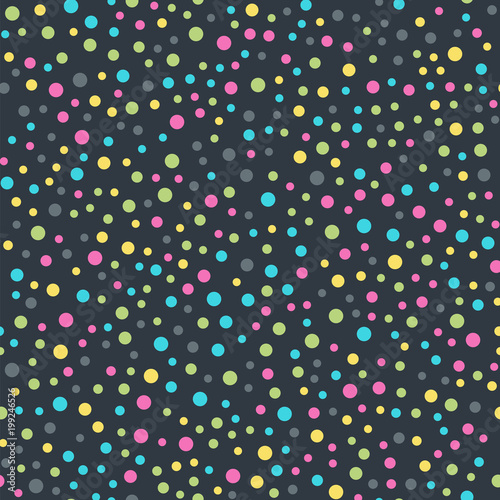 Colorful polka dots seamless pattern on black 10 background. Good-looking classic colorful polka dots textile pattern. Seamless scattered confetti fall chaotic decor. Abstract vector illustration.