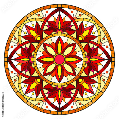 Illustration in stained glass style with abstract flowers, leaves and swirls, circular image on white background