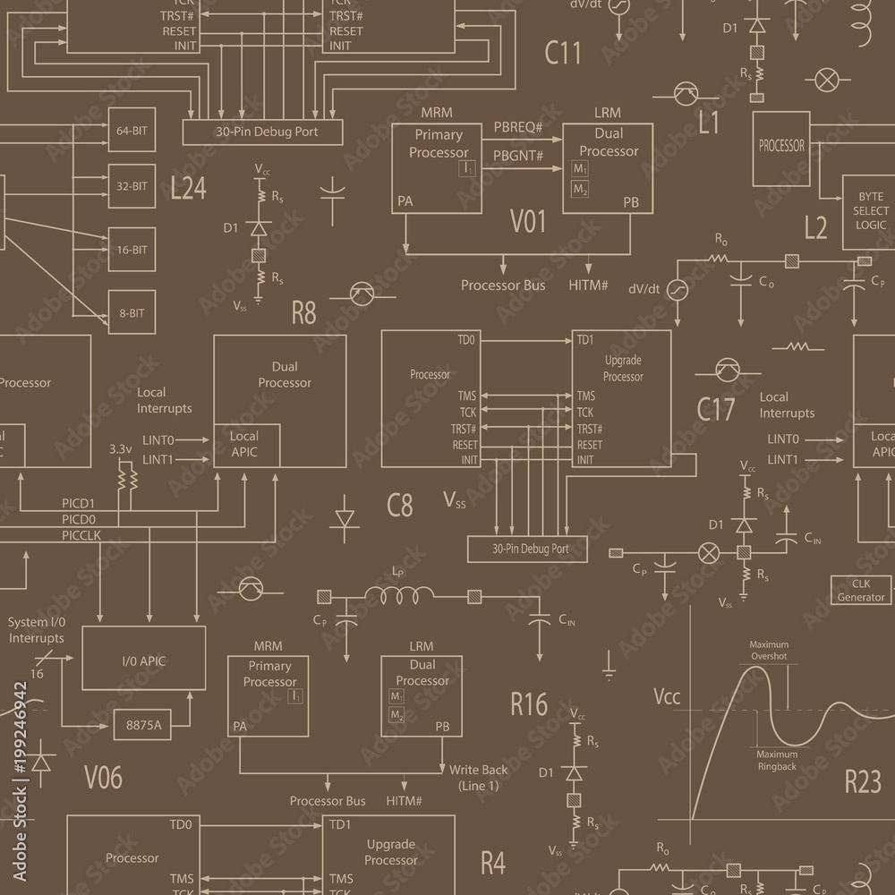 Seamless background with elements of electronic circuits, in the style of technical documentation , beige outline on a brown background