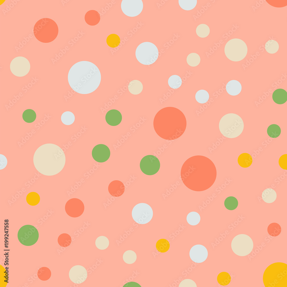 Colorful polka dots seamless pattern on bright 5 background. Wonderful classic colorful polka dots textile pattern. Seamless scattered confetti fall chaotic decor. Abstract vector illustration. Colorful polka dots seamless pattern on bright 5 background. Wonderful classic colorful polka dots textile pattern. Seamless scattered confetti fall chaotic decor. Abstract vector illustration.