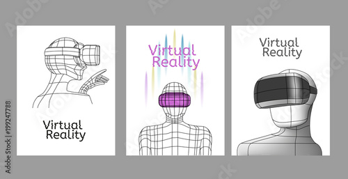 Set Vr posters. Man in virtual reality headset. Linear objects and elements. Vector illustration. Virtual reality world and simulation.