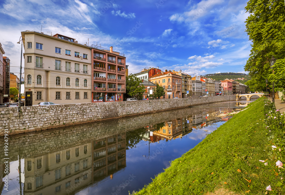 View of old town with river in Sarajevo