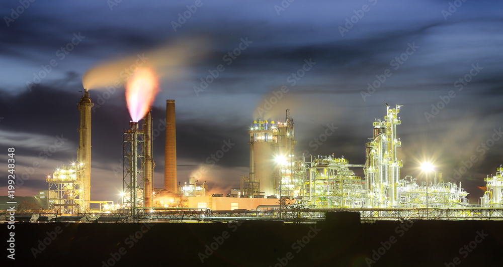 Petrochemical oil industry on night, Factory.