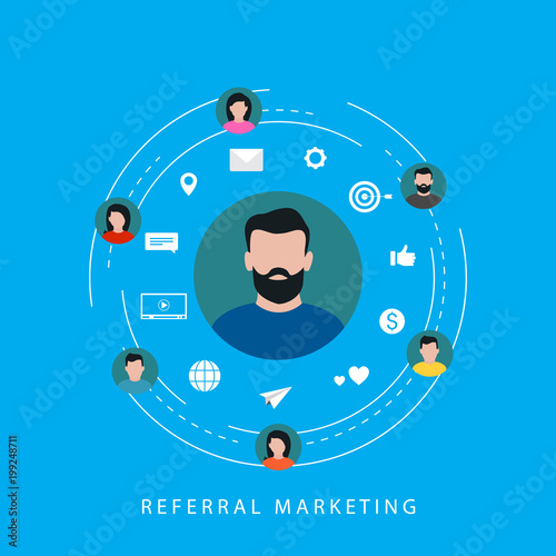 Referral marketing campaign, online promotion, digital marketing, internet advertising, referral program flat vector illustration. Affiliate marketing design for web banners and apps
