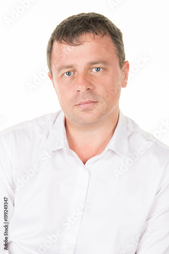 Portrait Attractive isolated successful businessman in white