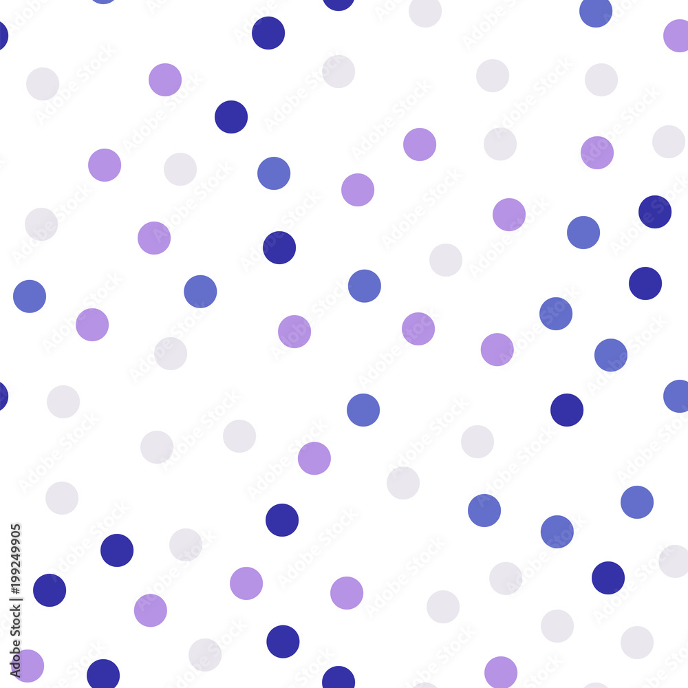 Colorful polka dots seamless pattern on white 27 background. Comely classic colorful polka dots textile pattern. Seamless scattered confetti fall chaotic decor. Abstract vector illustration.