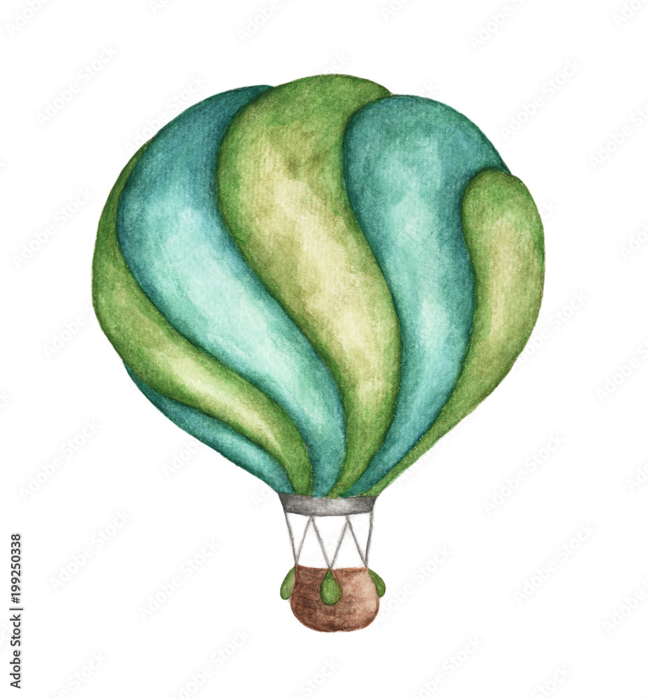 Obraz premium Green hot air balloon on white background, For design, print and background. Watercolor illustration. 