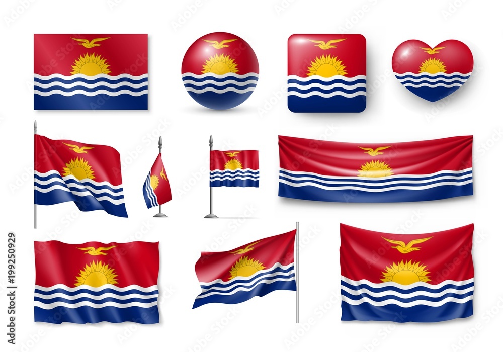 Set Kiribati realistic flags, banners, banners, symbols, icon. Vector illustration of collection of national symbols on various objects and state signs