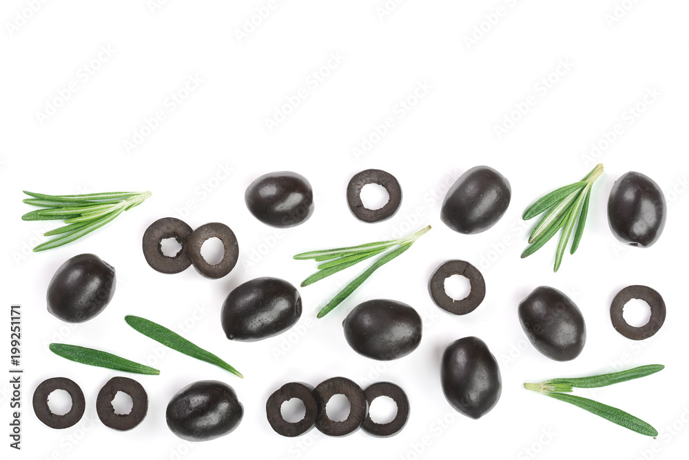 whole and sliced black olives with rosemary leaves isolated on white background. Top view. Flat lay pattern whole and sliced black olives with rosemary leaves isolated on white background. Top view. Flat lay pattern
