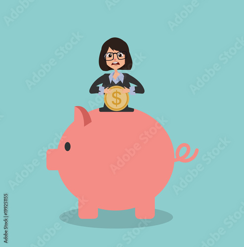 businesswoman putting money in a piggy bank