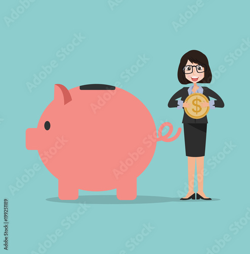 Businesswoman  with Coin Standing Near the Piggy Bank